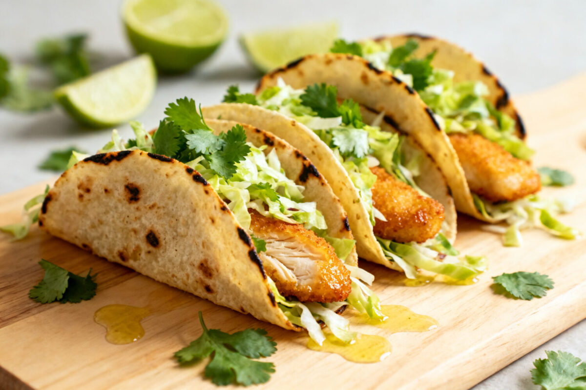 Air fryer fish tacos with crispy golden fish, fresh cilantro lime slaw, and soft tortillas, served with lime wedges for a light and flavorful meal.