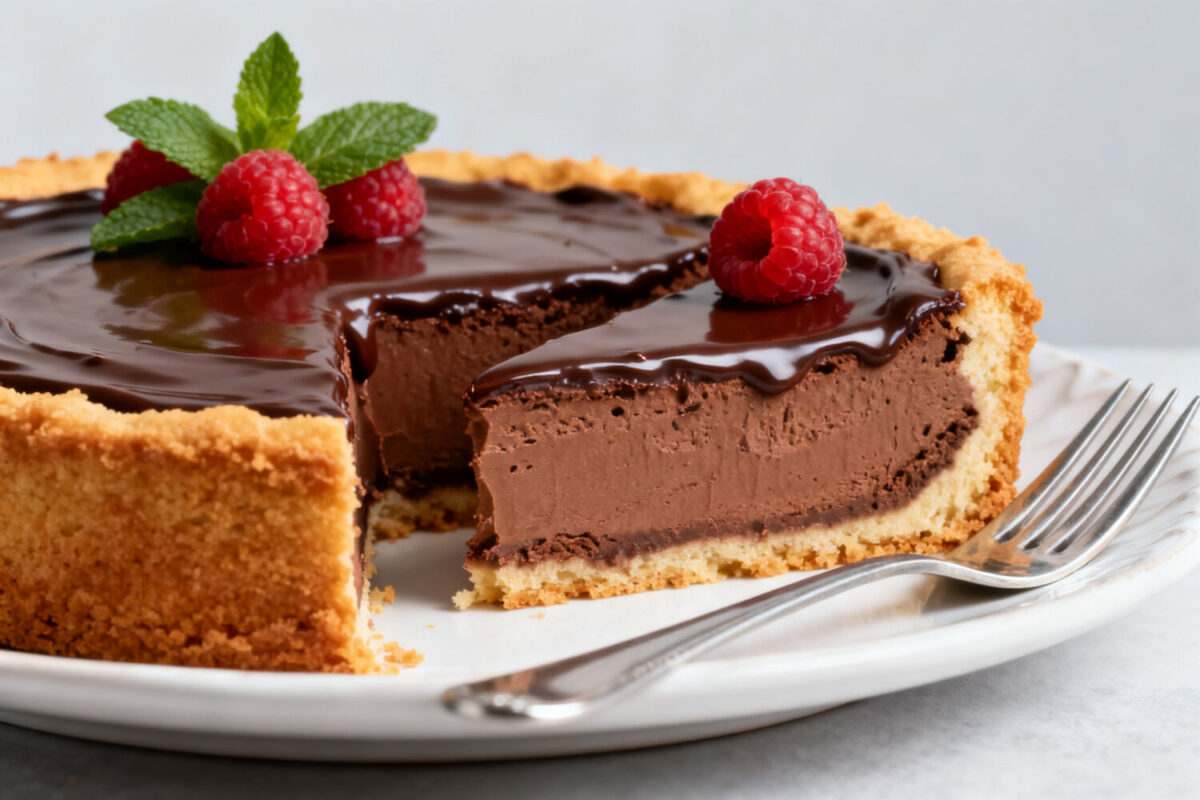 Air fryer chocolate cheesecake with a rich and creamy chocolate filling, smooth chocolate ganache topping, fresh raspberries, and a buttery cookie crust.
