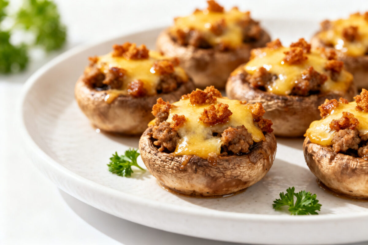 Air fryer sausage stuffed mushrooms filled with savory sausage, topped with melted cheese and crispy crumbles, served as a warm and flavorful appetizer.