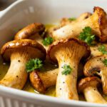 Air fryer king oyster mushrooms roasted until golden brown and tender, drizzled with olive oil and garnished with fresh parsley for a savory vegetable side dish.