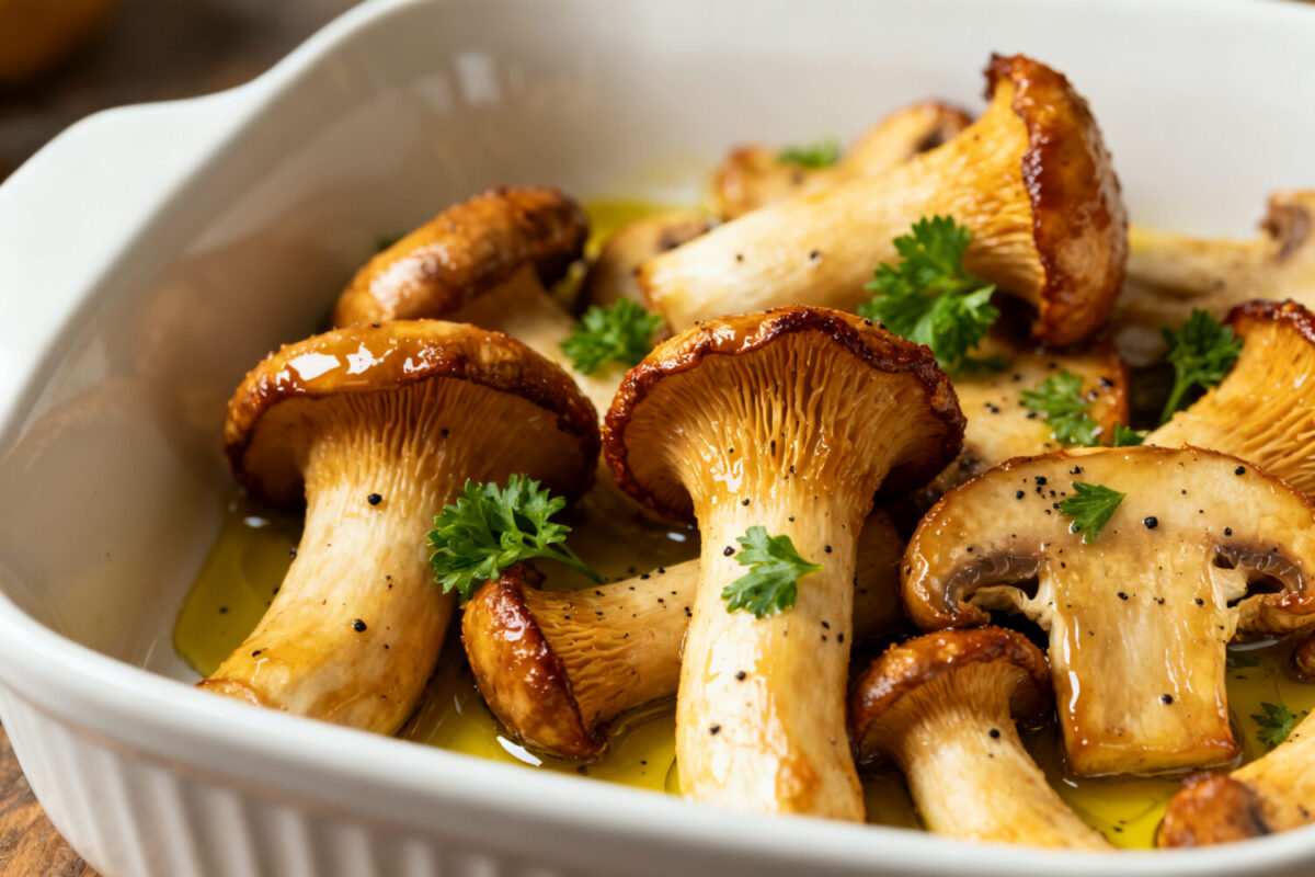 Air fryer king oyster mushrooms roasted until golden brown and tender, drizzled with olive oil and garnished with fresh parsley for a savory vegetable side dish.