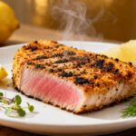 Air fryer blackened tuna steak with a bold seasoned crust and tender pink center, served with lemon wedges, fresh dill, and microgreens on a white plate.