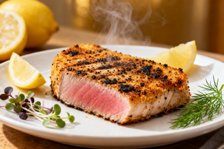 Air fryer blackened tuna steak with a bold seasoned crust and tender pink center, served with lemon wedges, fresh dill, and microgreens on a white plate.