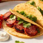 Air fryer salami tacos with crispy tortilla shells, sliced salami, fresh cilantro, diced tomatoes, onions, and sour cream served as a quick and flavorful appetizer.