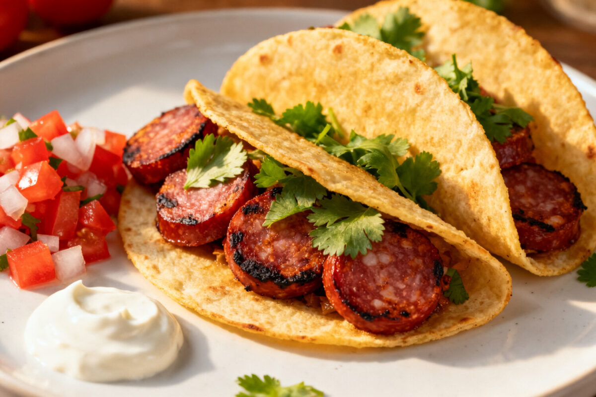 Air fryer salami tacos with crispy tortilla shells, sliced salami, fresh cilantro, diced tomatoes, onions, and sour cream served as a quick and flavorful appetizer.