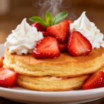 Air fryer strawberry shortcake topped with fresh sliced strawberries, whipped cream, and mint leaves, served on a plate as a light and delicious dessert.