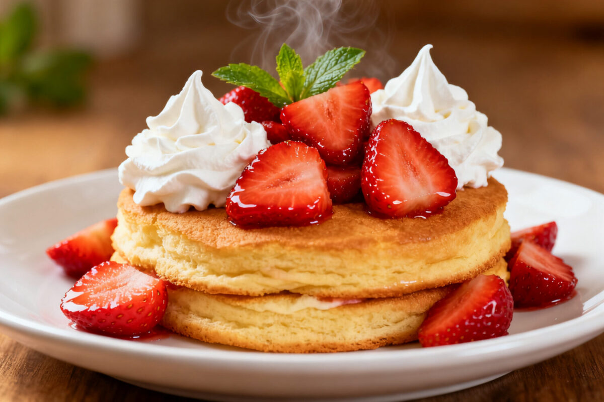 Air fryer strawberry shortcake topped with fresh sliced strawberries, whipped cream, and mint leaves, served on a plate as a light and delicious dessert.