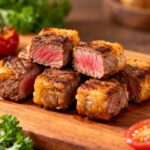 Air fryer healthy steak bites with a perfectly seared exterior and juicy pink center, served on a wooden board with roasted cherry tomatoes and fresh parsley.