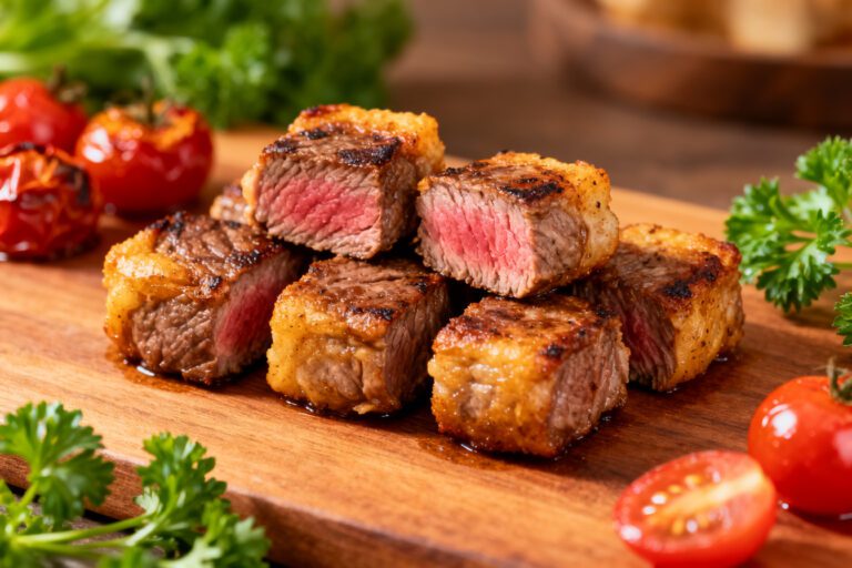 Air fryer healthy steak bites with a perfectly seared exterior and juicy pink center, served on a wooden board with roasted cherry tomatoes and fresh parsley.