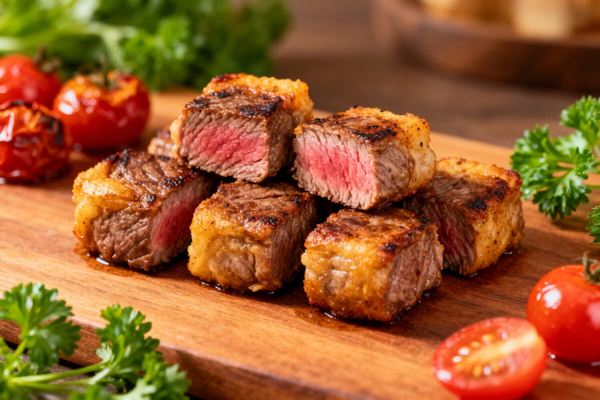 Air fryer healthy steak bites with a perfectly seared exterior and juicy pink center, served on a wooden board with roasted cherry tomatoes and fresh parsley.