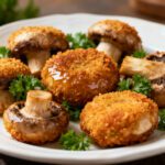 Air fryer frozen breaded mushrooms with a crispy golden coating, served on a plate with fresh parsley and dipping sauce. A quick and easy appetizer with a crunchy texture.