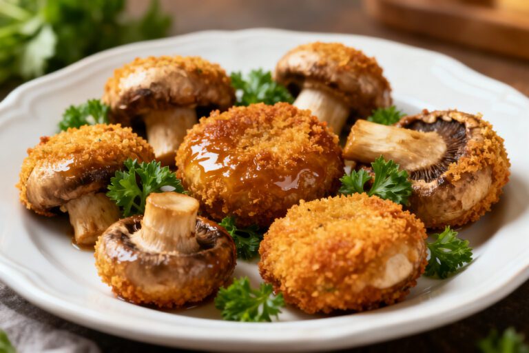 Air fryer frozen breaded mushrooms with a crispy golden coating, served on a plate with fresh parsley and dipping sauce. A quick and easy appetizer with a crunchy texture.