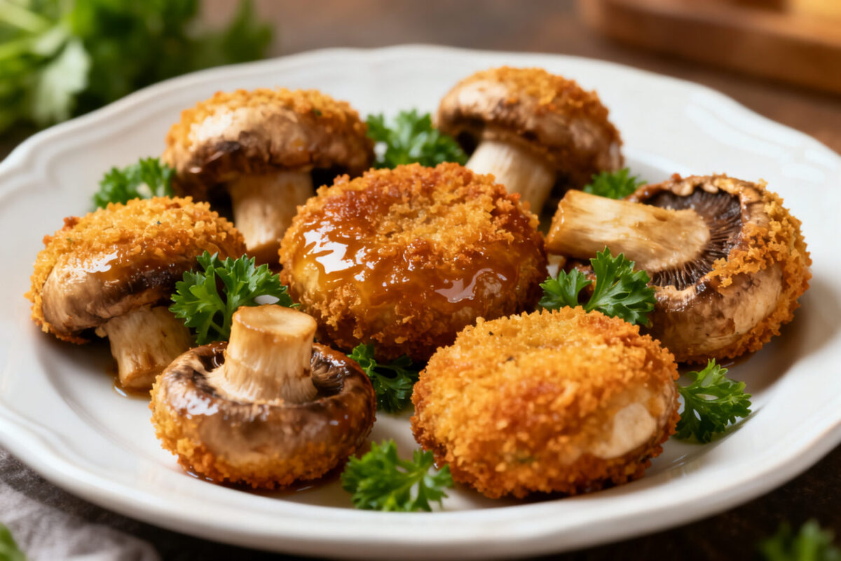 Air fryer frozen breaded mushrooms with a crispy golden coating, served on a plate with fresh parsley and dipping sauce. A quick and easy appetizer with a crunchy texture.