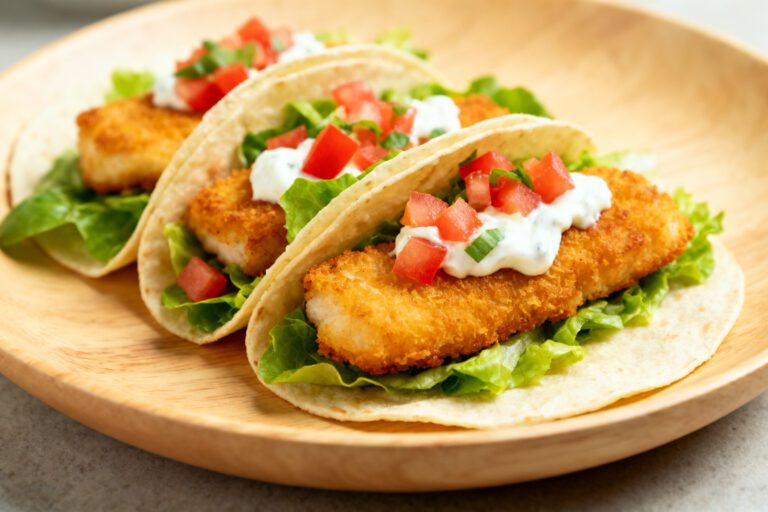 Air fryer fish tacos with crispy breaded fish fillets, fresh lettuce, diced tomatoes, and creamy sauce in soft tortillas. A light and flavorful seafood meal.