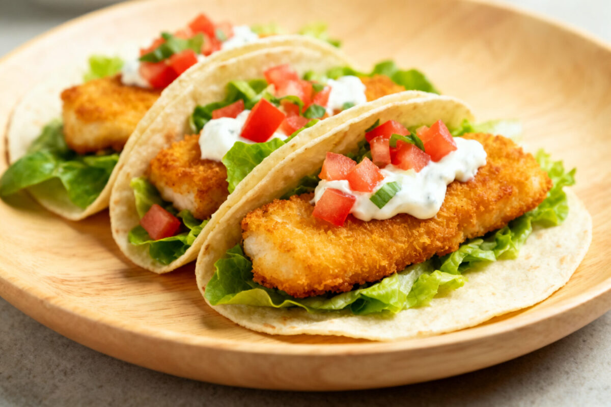 Air fryer fish tacos with crispy breaded fish fillets, fresh lettuce, diced tomatoes, and creamy sauce in soft tortillas. A light and flavorful seafood meal.
