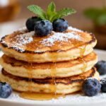 Air fryer frozen pancakes stacked high and topped with maple syrup, fresh blueberries, powdered sugar, and mint leaves. A quick and easy breakfast with a fluffy texture.