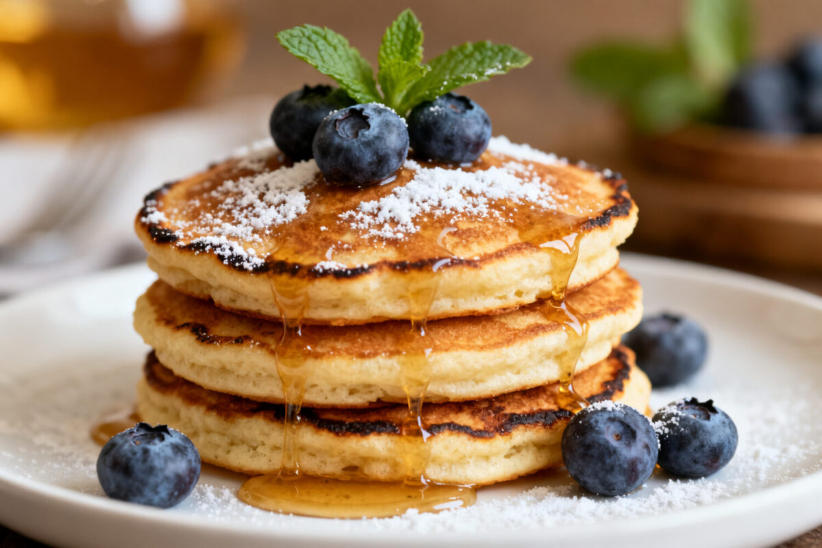 Air fryer frozen pancakes stacked high and topped with maple syrup, fresh blueberries, powdered sugar, and mint leaves. A quick and easy breakfast with a fluffy texture.
