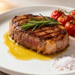 Air fryer fillet steak with a perfectly seared crust and juicy tender center, served with roasted cherry tomatoes, rosemary, and herb butter on a white plate.