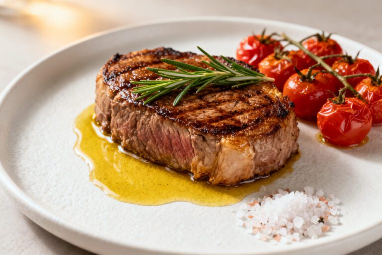 Air fryer fillet steak with a perfectly seared crust and juicy tender center, served with roasted cherry tomatoes, rosemary, and herb butter on a white plate.