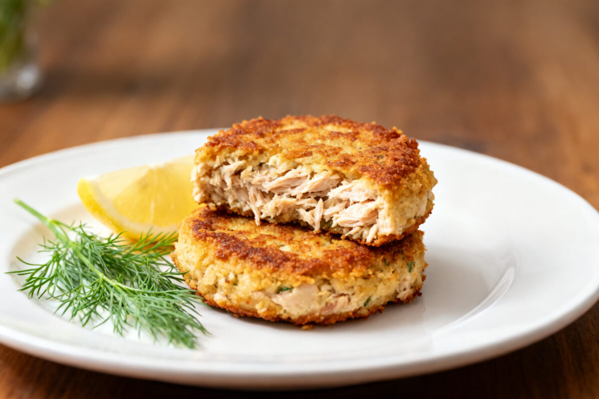 Air fryer tuna cakes with a crispy golden crust and tender flaky tuna filling, served with fresh dill and lemon wedges on a white plate.