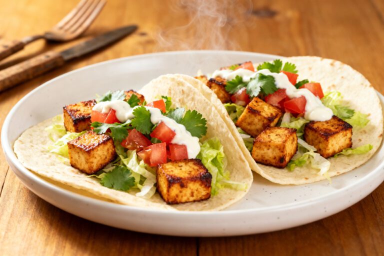 Air fryer tofu tacos with crispy seasoned tofu cubes, shredded lettuce, diced tomatoes, fresh cilantro, and creamy sauce in soft tortillas.