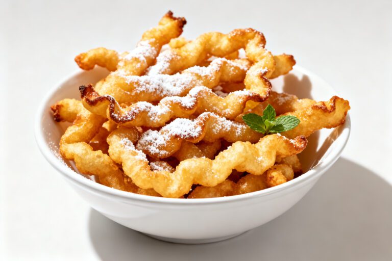 Air fryer funnel cake fries dusted with powdered sugar and served in a bowl with a crispy golden exterior and soft fluffy interior.