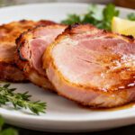 Air fryer ham steaks with a caramelized golden glaze, juicy center, and savory flavor, served with fresh rosemary and lemon wedges on a white plate.