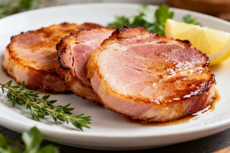 Air fryer ham steaks with a caramelized golden glaze, juicy center, and savory flavor, served with fresh rosemary and lemon wedges on a white plate.
