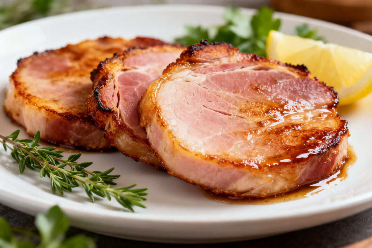Air fryer ham steaks with a caramelized golden glaze, juicy center, and savory flavor, served with fresh rosemary and lemon wedges on a white plate.