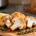 Air fryer lion's mane mushrooms with a crispy golden exterior and tender meaty texture, served with lemon wedges and fresh herbs on a wooden board.
