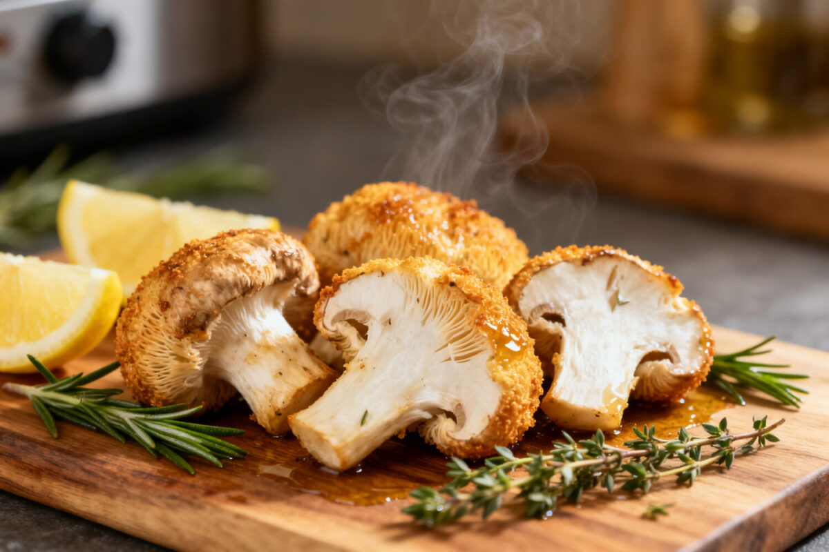 Air fryer lion's mane mushrooms with a crispy golden exterior and tender meaty texture, served with lemon wedges and fresh herbs on a wooden board.