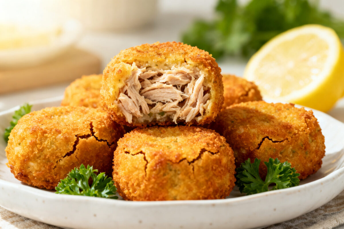 Air fryer tuna croquettes with a crispy golden breadcrumb coating and tender flaky tuna filling, served with lemon wedges and fresh parsley on a white plate.