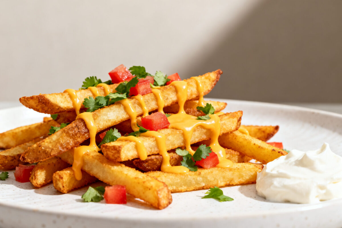 Air fryer Taco Bell nacho fries topped with creamy cheese sauce, diced tomatoes, and fresh cilantro, served with crispy seasoned fries and a side of sour cream.