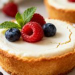 Air fryer mini cheesecake with a creamy vanilla filling and buttery graham cracker crust, topped with fresh raspberries, blueberries, and mint leaves.