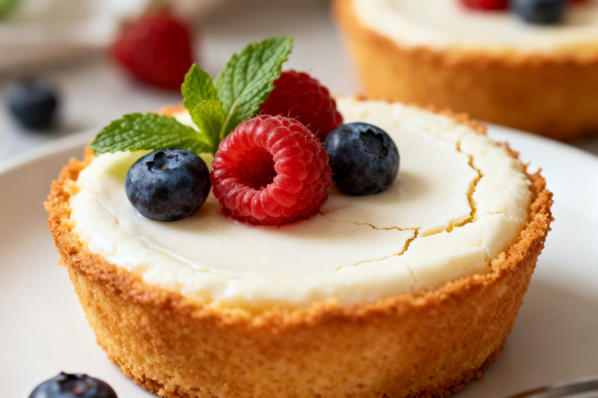 Air fryer mini cheesecake with a creamy vanilla filling and buttery graham cracker crust, topped with fresh raspberries, blueberries, and mint leaves.