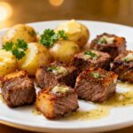 Air fryer garlic butter steak bites and potatoes with juicy seared steak cubes, tender baby potatoes, melted garlic butter, and fresh parsley on a dinner plate.