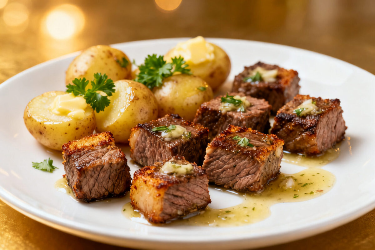 Air fryer garlic butter steak bites and potatoes with juicy seared steak cubes, tender baby potatoes, melted garlic butter, and fresh parsley on a dinner plate.