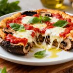 Air fryer portobello mushroom pizza topped with melted mozzarella cheese, rich tomato sauce, fresh basil leaves, and sliced mushrooms on a roasted portobello mushroom base.