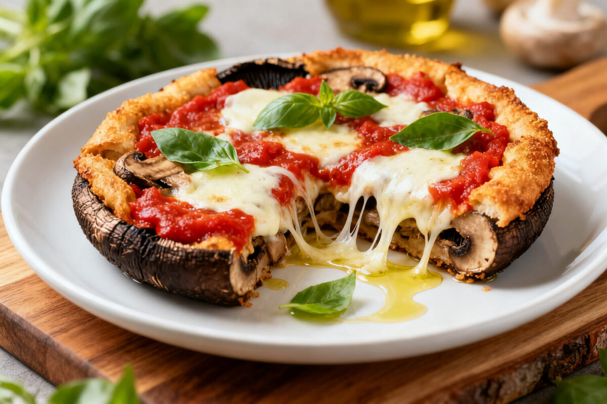 Air fryer portobello mushroom pizza topped with melted mozzarella cheese, rich tomato sauce, fresh basil leaves, and sliced mushrooms on a roasted portobello mushroom base.