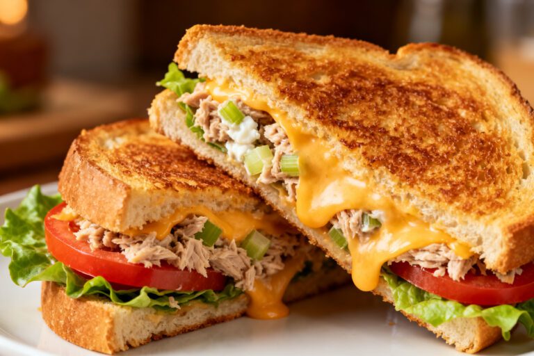 Air fryer tuna melt sandwich with flaky tuna, melted cheddar cheese, celery, lettuce, and tomato on crispy golden toasted bread.