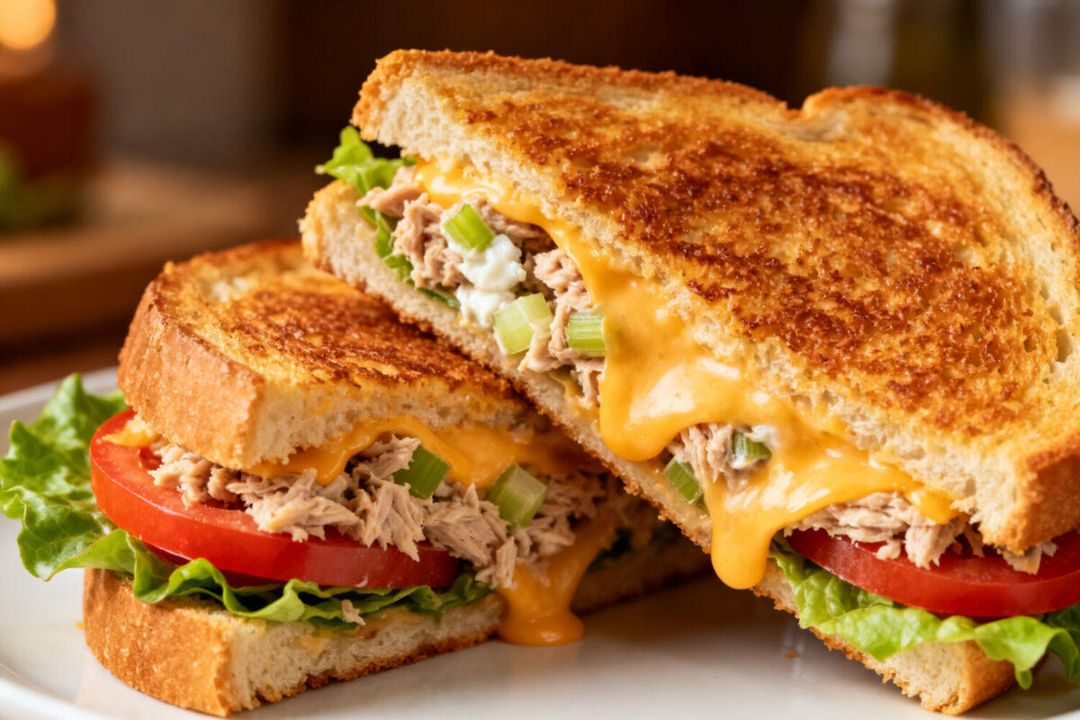 Air fryer tuna melt sandwich with flaky tuna, melted cheddar cheese, celery, lettuce, and tomato on crispy golden toasted bread.