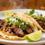 Air fryer carne asada tacos with grilled steak, onions, fresh cilantro, salsa verde, and crumbled cheese served in warm corn tortillas with lime wedges.