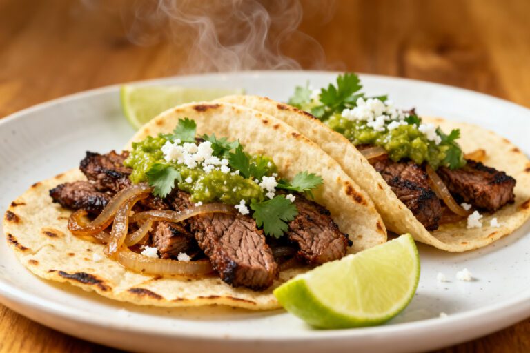 Air fryer carne asada tacos with grilled steak, onions, fresh cilantro, salsa verde, and crumbled cheese served in warm corn tortillas with lime wedges.