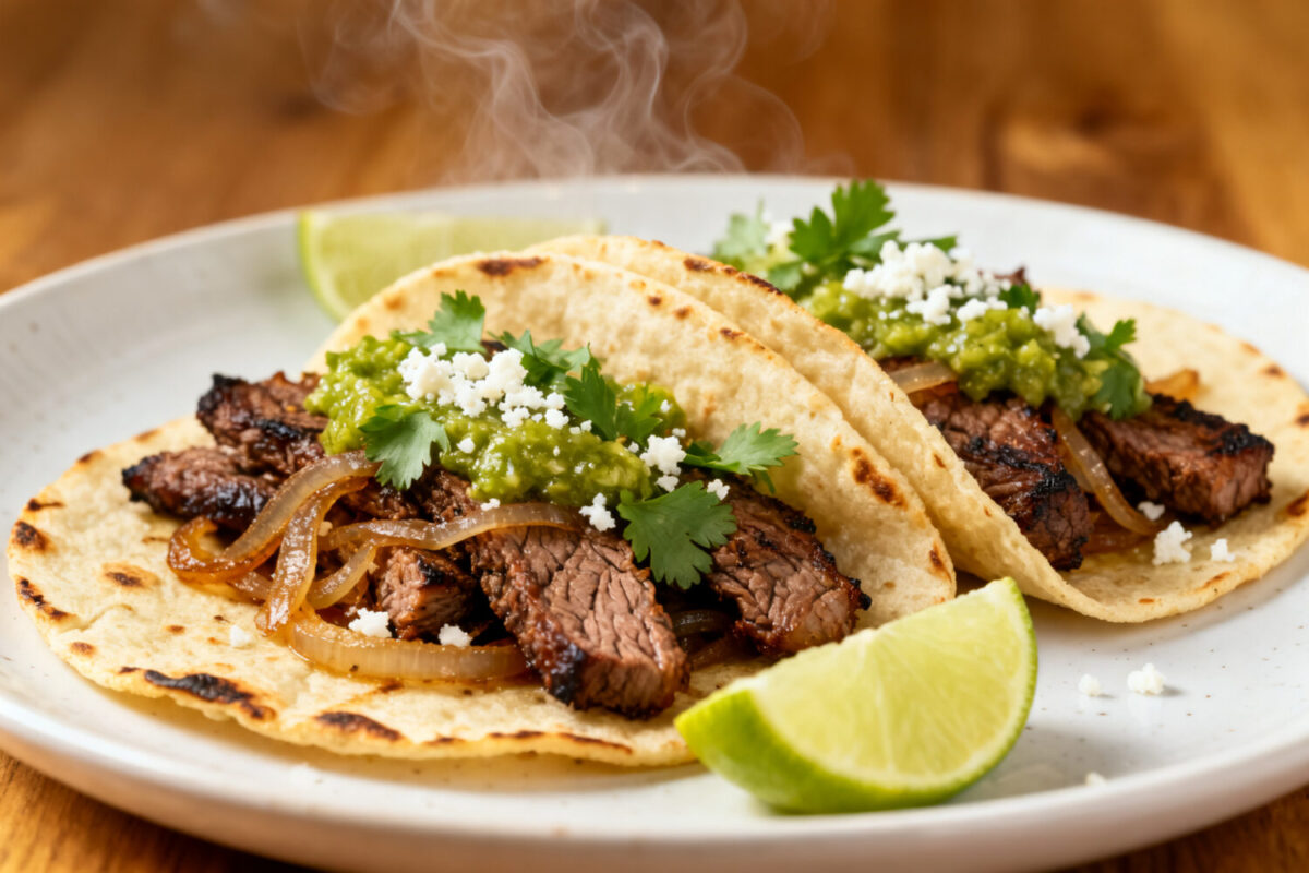 Air fryer carne asada tacos with grilled steak, onions, fresh cilantro, salsa verde, and crumbled cheese served in warm corn tortillas with lime wedges.