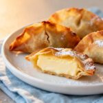 Air fryer cheesecake wontons with a crispy golden wrapper and creamy cheesecake filling, dusted with powdered sugar and served as an easy dessert.