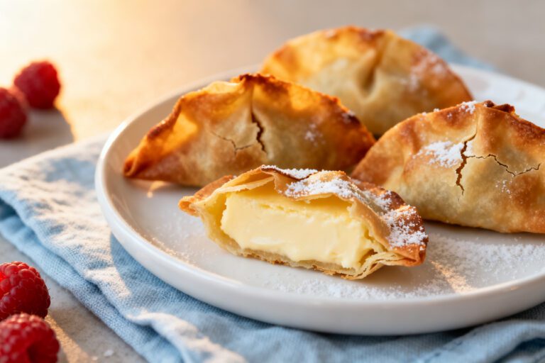Air fryer cheesecake wontons with a crispy golden wrapper and creamy cheesecake filling, dusted with powdered sugar and served as an easy dessert.