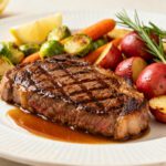 Air fryer steak and veggies with a juicy grilled steak, roasted baby potatoes, carrots, and Brussels sprouts, served with a savory pan sauce and fresh rosemary.