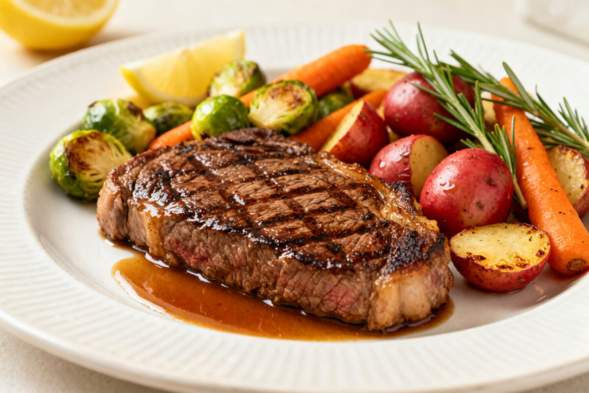 Air fryer steak and veggies with a juicy grilled steak, roasted baby potatoes, carrots, and Brussels sprouts, served with a savory pan sauce and fresh rosemary.