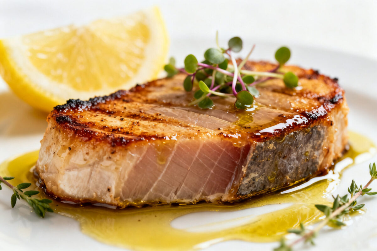 Air fryer frozen tuna steak cooked until tender and juicy, featuring a lightly seared exterior, served with lemon wedges, fresh herbs, and a buttery glaze.