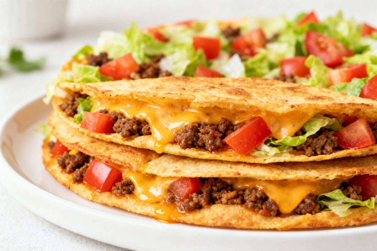 Air fryer Taco Bell Mexican pizza layered with seasoned ground beef, melted cheese, diced tomatoes, and shredded lettuce between crispy tortillas.